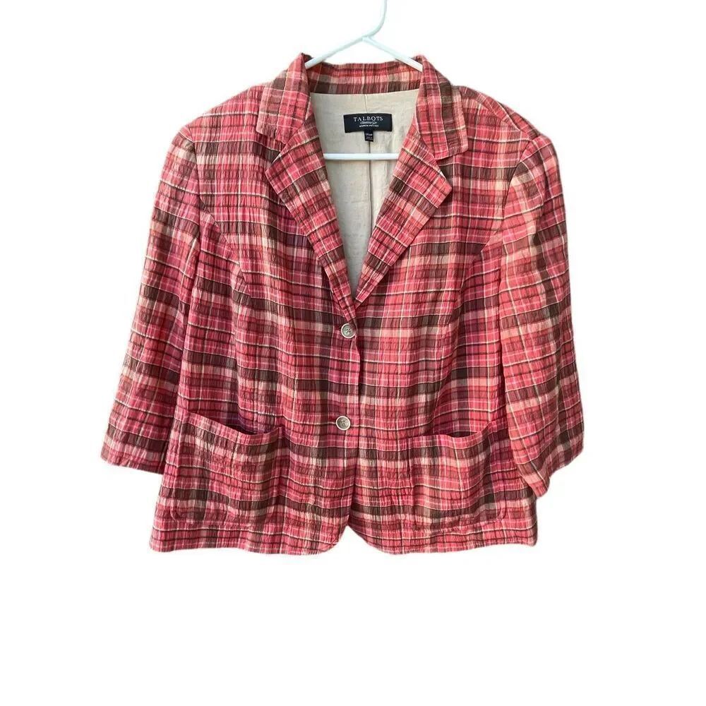 Talbots size 14WP plaid 3/4 sleeves crinkled plaid jacket.